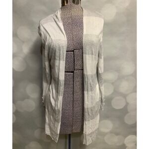 RED grey white striped long lightweight open large cardigan button sleeve detail